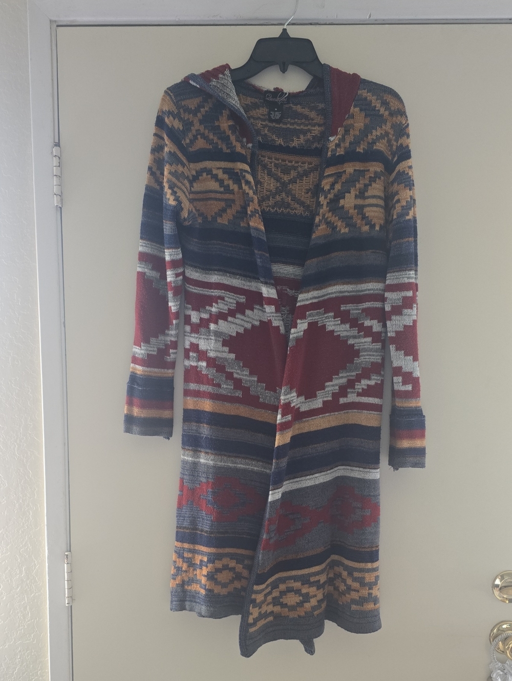 Hooded Aztec Knit Cardigan Sweater - Red Multi